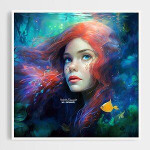 8x8 Princess Ariel Portrait Wall Art Fantasy‎ Watercolor Oil Painting Print